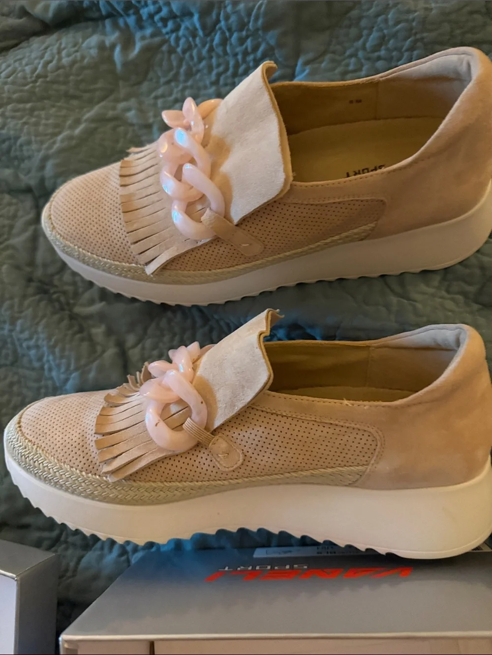 Vaneli Pink Beige Fringe Slip-On Sneakers with Decorative Chain